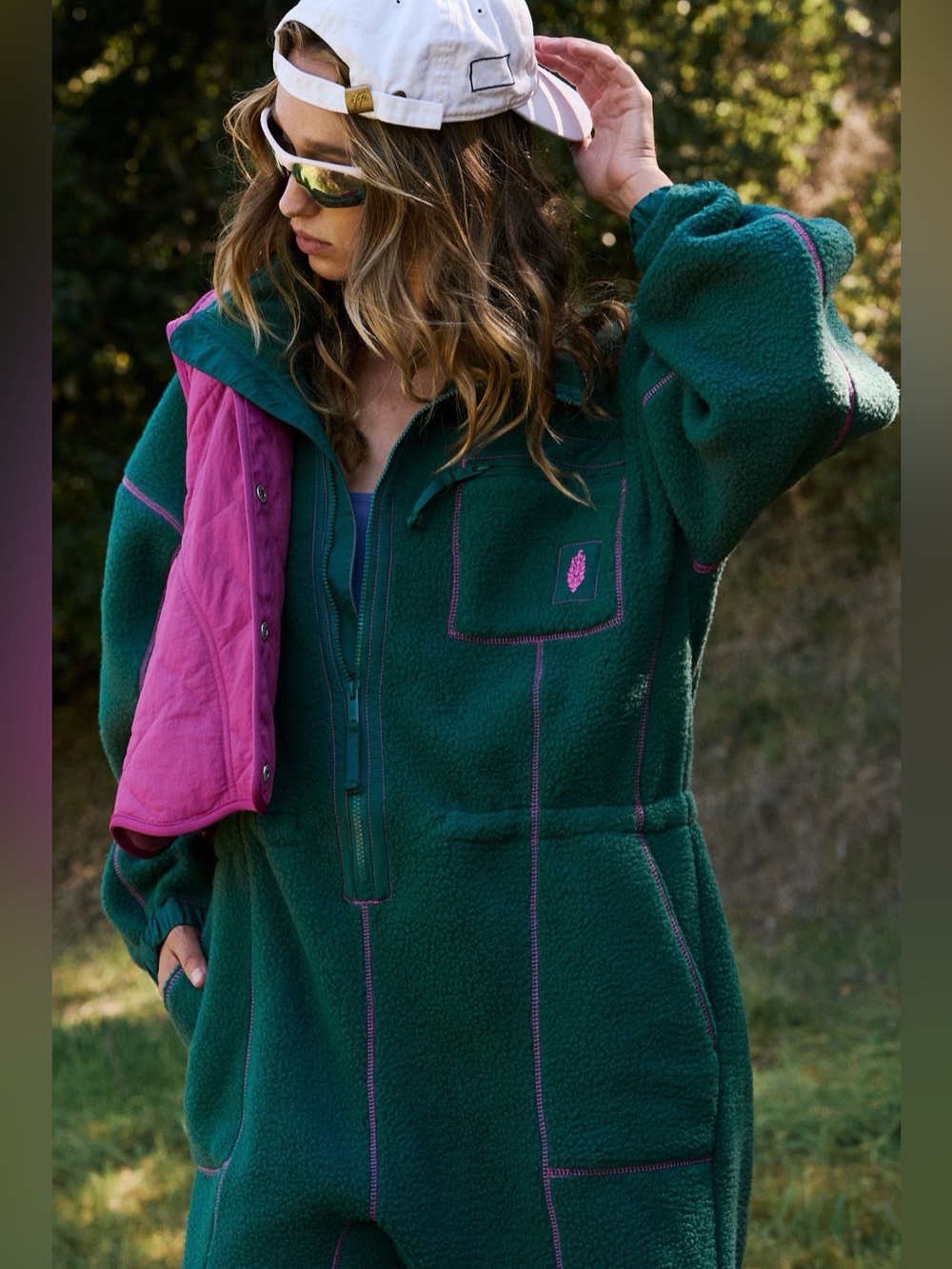 Free People Hit The Slopes Fleece Jumpsuit in Emerald Garden